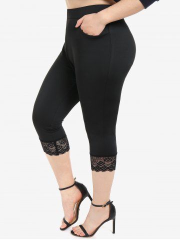 Plus Size Lace Trim Capri Leggings with Pocket - BLACK - M | US 10