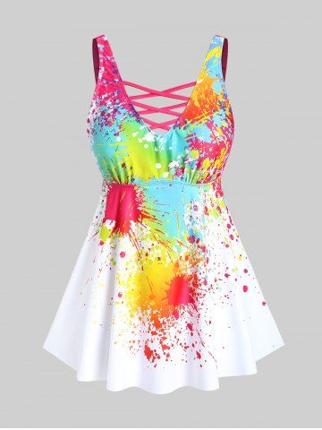Plus Size Crisscross Paint Splatter Backless Padded Tankini Swimsuit - MULTI-A - 1X | US 14-16