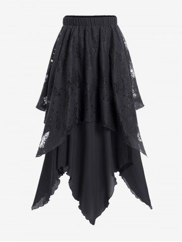 Gothic Lace Overlay Layered Handkerchief Hem Midi Skirt - BLACK - 4X | US 26-28