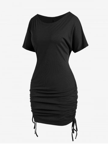 Plus Size Slash Neck Cinched Ribbed Mini Bodycon Dress - BLACK - 4XL