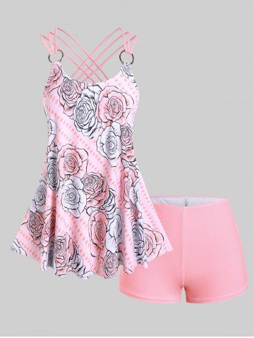 Plus Size Rose Print Rings Crisscross Strappy Back Boyshorts Tankini Swimsuit - LIGHT PINK - 1X | US 14-16