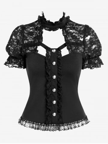 Gothic Lace Panel Frilled Cutout Top - BLACK - 2X | US 18-20