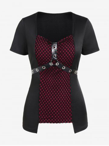 Gothic Fishnet Overlay PU Leather Straps Grommets Top