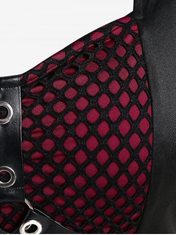 Gothic Fishnet Overlay PU Leather Straps Grommets Top