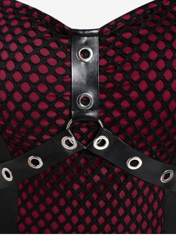 Gothic Fishnet Overlay PU Leather Straps Grommets Top