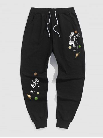 Letter Astronaut Planet Graphic Printed Jogger Pants - BLACK - XL