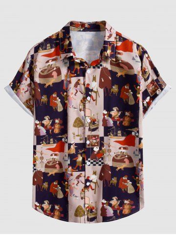 Palace Scene Patchwork Print Short Sleeve Shirt - BROWN - XL