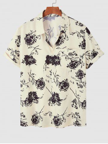 Floral Rose Printed Button Up Vacation Shirt - WARM WHITE - XL