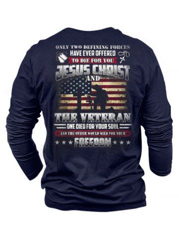 American Flag Letter Print Round Neck Long Sleeve Graphic T Shirt - BLUE - M