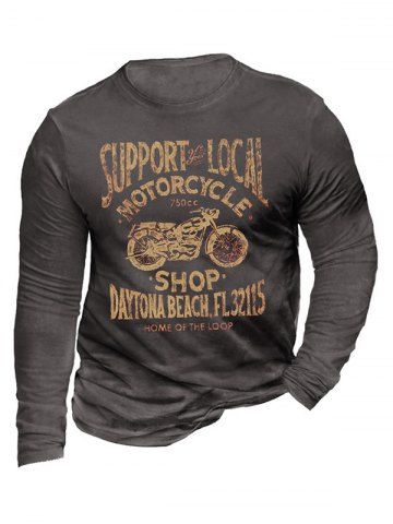 Letter Bike Print Round Neck Long Sleeve T Shirt - GRAY - L