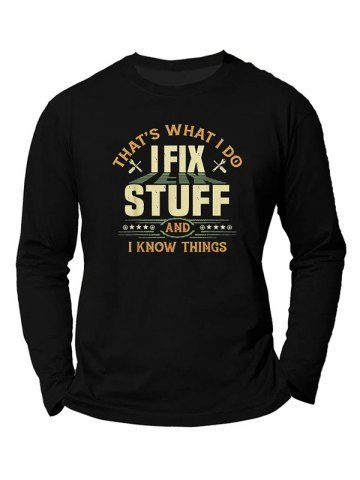 Graphic Letter Star Print Round Neck Long Sleeve T Shirt - BLACK - M