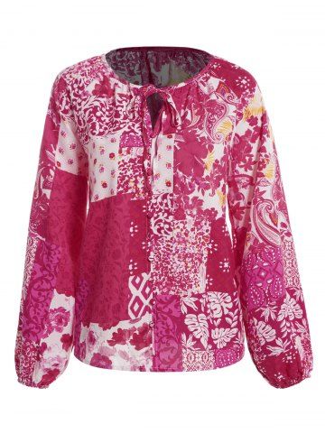 Allover Flower Tropical Leaf Paisley Print Raglan Sleeve Blouse - RED - M