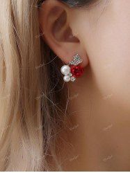 Valentine's Day Rhinestone Pearl Rose Clip Earrings -  