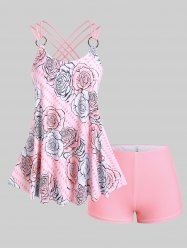 Plus Size Rose Print Rings Crisscross Strappy Back Boyshorts Tankini Swimsuit -  