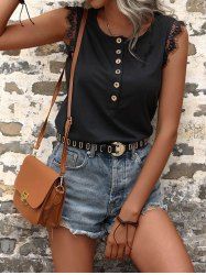Half Button Lace Panel Tank Top -  