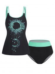 Tummy Control Two Tone Color Sun Moon Print Padded Modest Tankini Swimsuit -  
