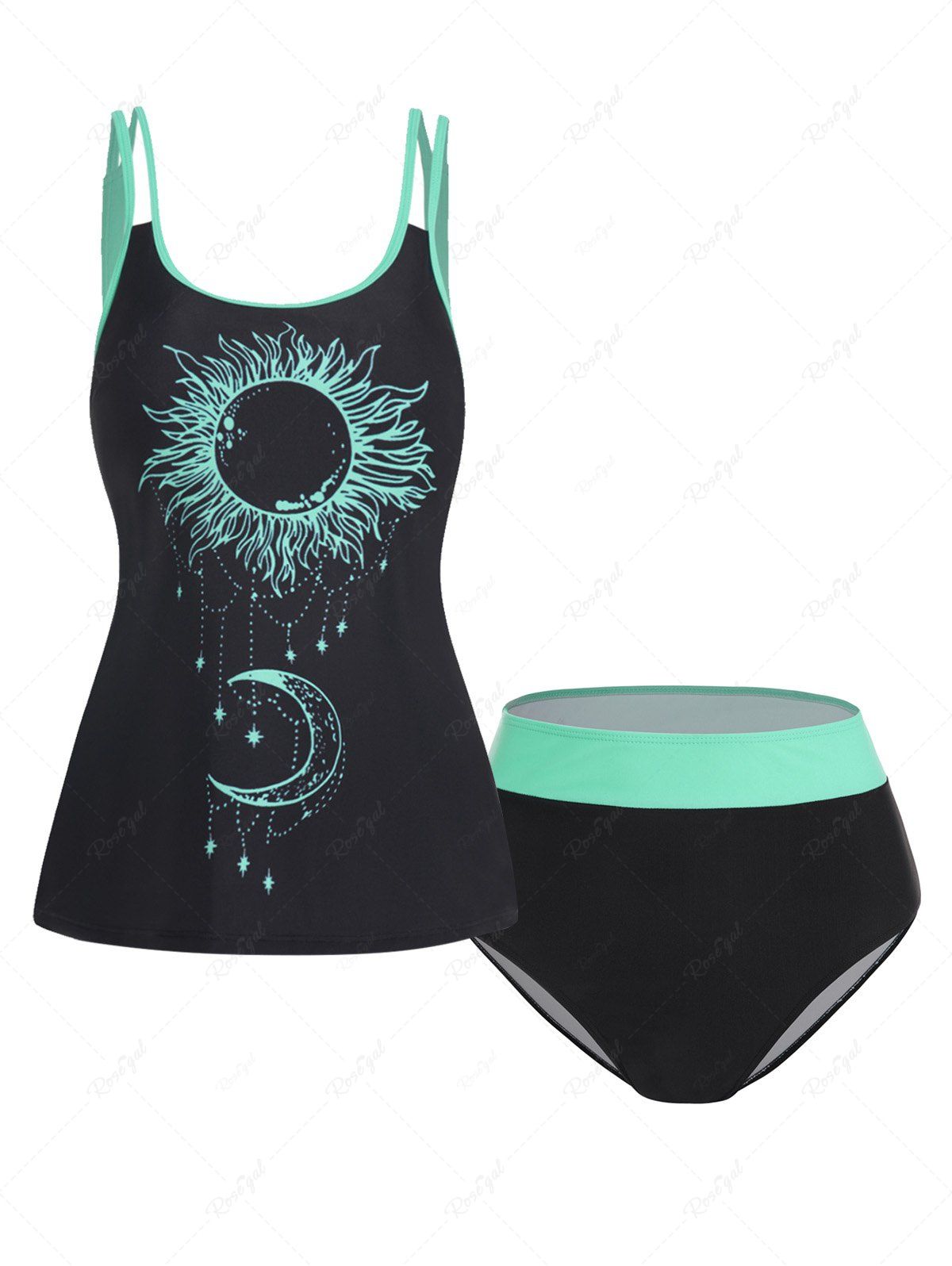 Shops Tummy Control Two Tone Color Sun Moon Print Padded Modest Tankini Swimsuit  