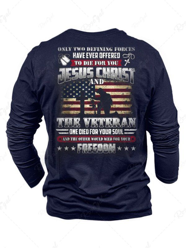 Hot American Flag Letter Print Round Neck Long Sleeve Graphic T Shirt  