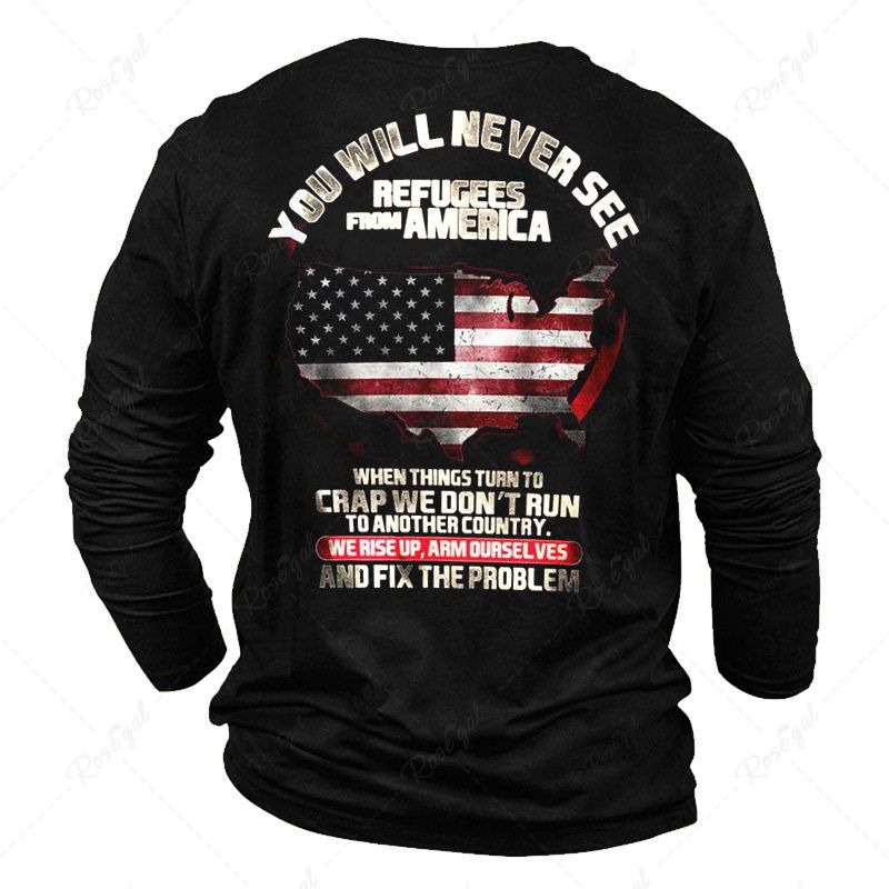 Unique American Flag Letter Print Round Neck Long Sleeve Graphic T Shirt  
