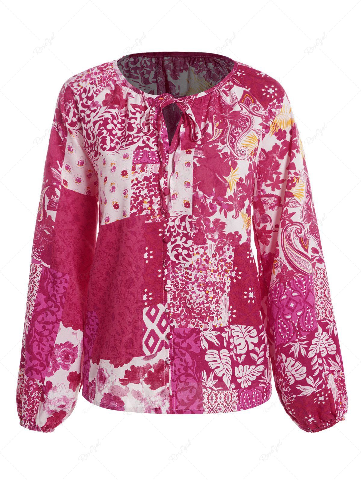 Blouse à Fleurs et Feuilles Tropicales à Manches Raglan Rouge L