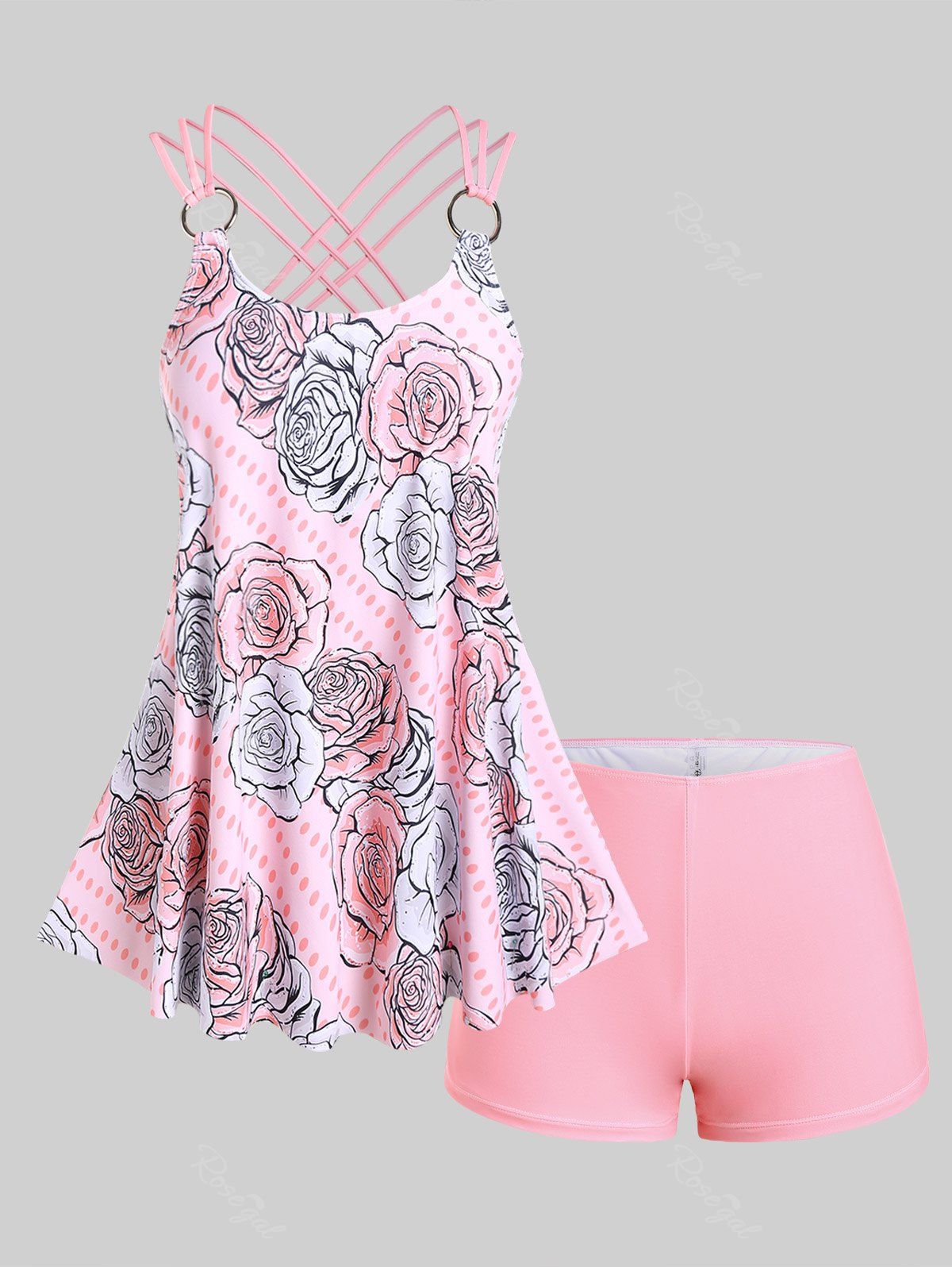 Chic Plus Size Rose Print Rings Crisscross Strappy Back Boyshorts Tankini Swimsuit  