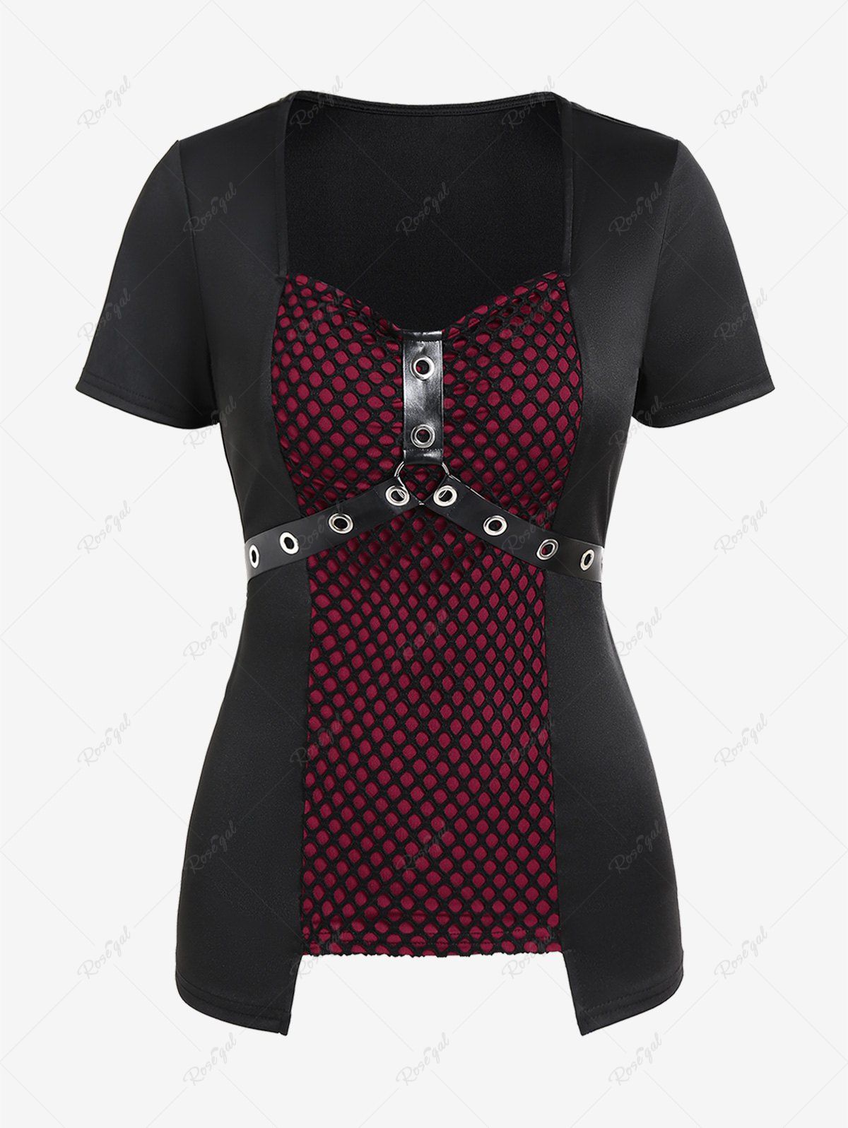 Trendy Gothic Fishnet Overlay PU Leather Straps Grommets Top  