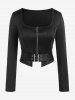 Ensemble avec Haut Court Zip en Avant et Pantalon Bouclé Evasé Panneau en Dentelle de Grande Taille - Noir 