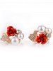 Valentine's Day Rhinestone Pearl Rose Clip Earrings -  