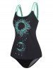 Tummy Control Two Tone Color Sun Moon Print Padded Modest Tankini Swimsuit -  