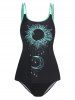Tummy Control Two Tone Color Sun Moon Print Padded Modest Tankini Swimsuit -  