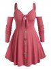 Plus Size Button Knot Neck Cold Shoulder Top -  