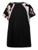 Flower Leaf Print Raglan Sleeve Geometric Lace Insert T Shirt -  