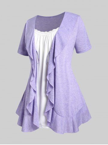 Plus Size Front Tie Ruffled Faux Twinset Tee