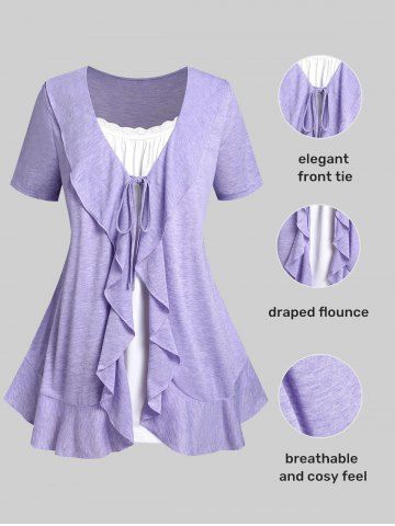 Plus Size Front Tie Ruffled Faux Twinset Tee