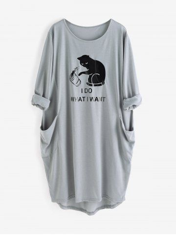 Robe T-shirt Lettre Graphique I DO WHAT I WANT avec Poche Patch de Grande Taille - GRAY - L