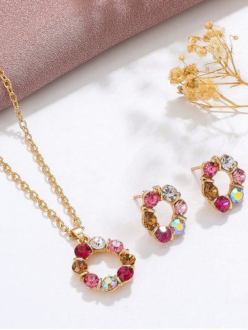 2Pcs Colored Diamond Hollow Round Pendant Necklace and Earrings Set