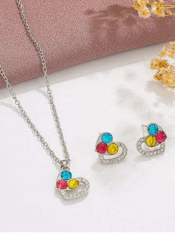 2Pcs Valentine's Day Colored Diamond Heart Pendant Necklace and Stud Earrings Set