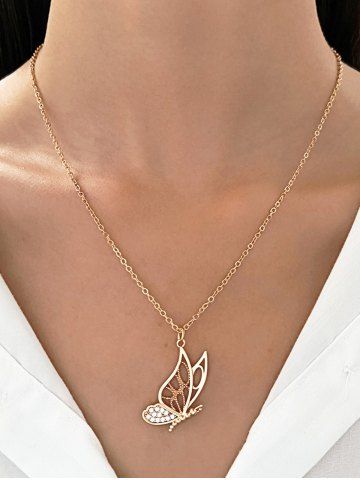 Vintage Openwork Butterfly Rhinestone Pendant Necklace - GOLDEN
