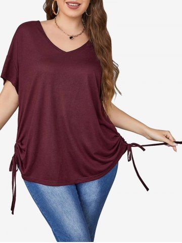 Plus Size Cinched Drop Shoulder Solid Tee - DEEP RED - 2XL