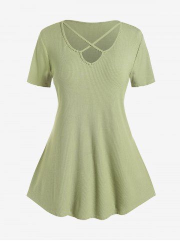 Plus Size Crisscross Short Sleeves Ribbed Tee - LIGHT GREEN - 3X