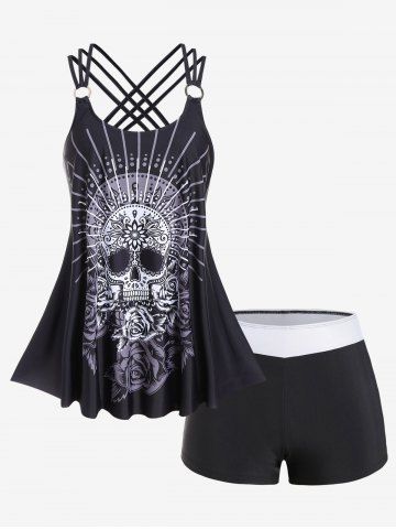 Plus Size Modest Skull Rose Print Rings Crisscross Boyshorts Tankini Swimsuit - BLACK - M | US 10