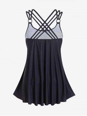 Plus Size Modest Skull Rose Print Rings Crisscross Boyshorts Tankini Swimsuit