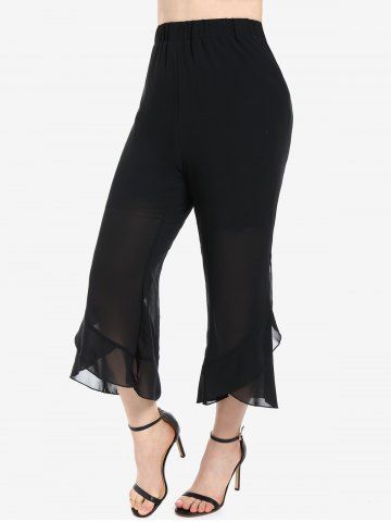 Plus Size Semi-sheer Chiffon Panel Ruffle Capri Pants - BLACK - M | US 10