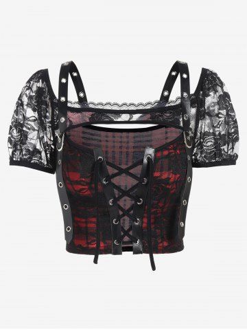 Gothic Lace Panel PU Leather Plaid Grommets Lace-up Cutout Crop Top - RED - M | US 10