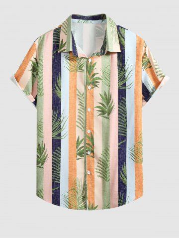 Stripes Leaves Printed Button Up Vacation Shirt