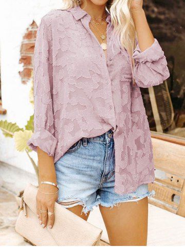 Jacquard Turn Down Collar Long Sleeve Button Up Blouse - LIGHT PINK - XL