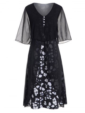 Allover Flower Print See Thru Mesh Overlay Mock Button Half Sleeve A Line Midi Dress - BLACK - M