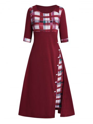 Plaid Print Panel Mock Button Godet Half Sleeve A Line Midi Dress - RED - M