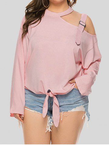 Plus Size Pastel Color Open Shoulder Tied Long Sleeve T Shirt