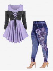 Lace-up Cold Shoulder Long Sleeves Tee and High Rise Floral Gym 3D Jeggings Plus Size Outfit -  